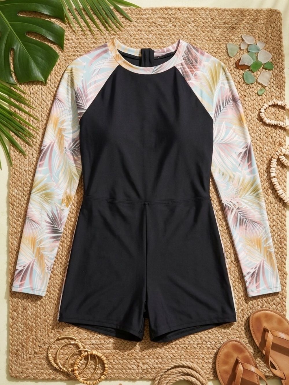 TORRID Women’s Long-Sleeve Rash Guard One-Piece Swimsuit – Tropical Palm Print